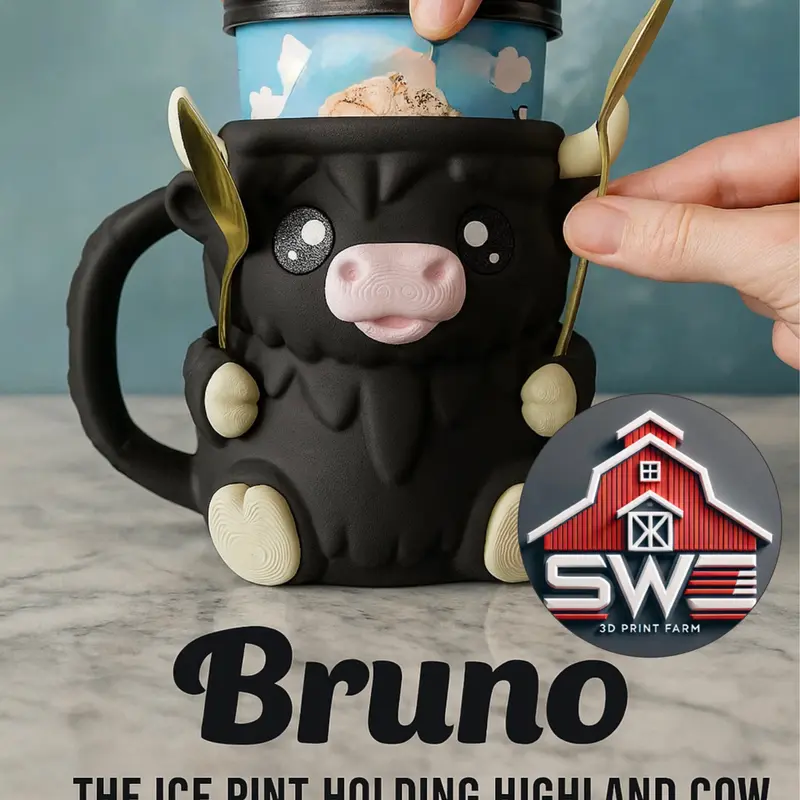 Bruno Ice Cream Pint Holder the Highland Cow with Spoon Slots | Eco-Friendly 3D Print + Free Gift