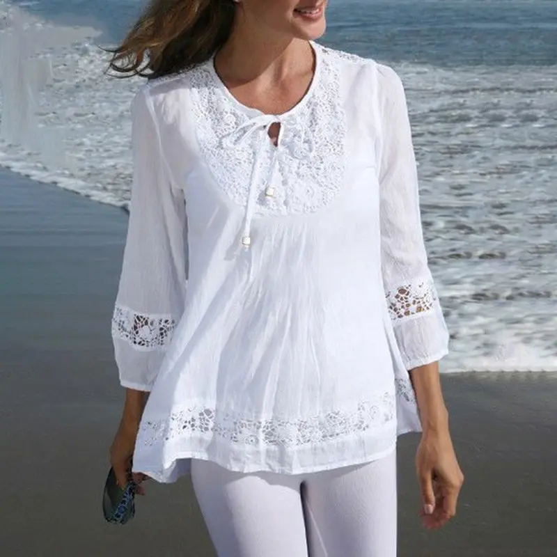 White women’s three-quarter-sleeve cotton breathable top for spring/summer, crew neck with tie detail, lace cutout panels, loose casual vacation style pullover shirt