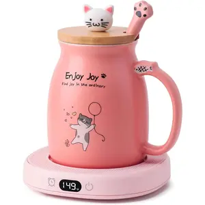 Cute Cat Mug Set with Electric Smart Mug Warmer for Home & Office, Beverage Tea or Coffee Cup Warmer with 3-Temp Settings, 8H Auto Shut Off, Pink