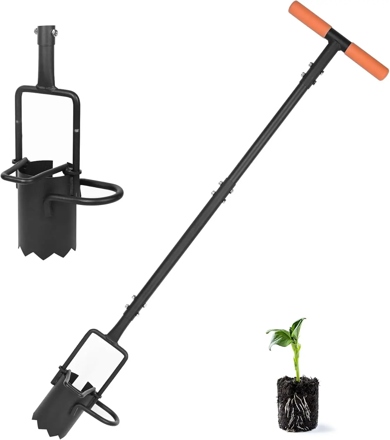 Bulb Planter Tool Long Handle, Tulip Bulb Planter Tool with Serrated Base & Double Pedal, Soft T Grip Sod Plugger, Heavy Duty Bulb Planter Tool for Digging Holes Sowing Plant Bulb