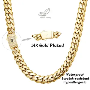 14K Real Gold-Plated Miami Link Cuban Necklace with Chain and Diamond Clasp Anti-Friction Colorfast Waterproof Stainless Steel Thickened Chain Hip Hop Jewelry Chain Width: 6/8/10/12/14 mm Ideal for Casual & Formal Wear The Best Gift For Men and Women