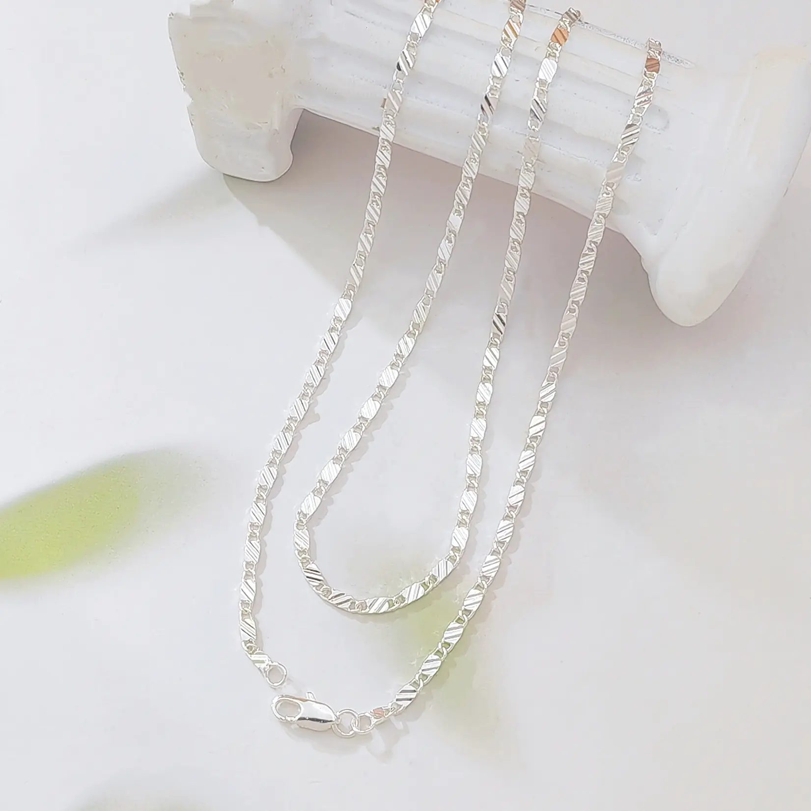 Silver Diagonal Cut Figaro Chain Necklace, Dainty Shiny Stainless Steel Blank Layering Chain, Tarnish Resistant Minimal Base Chain for DIY Pendant Women Daily Jewelry