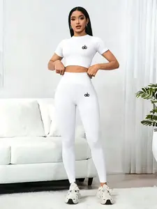 Women's Short Sleeve Crop Top and High Waist Leggings Set, Ab Logo, Elastic Breathable Quick Dry, Sporty and Casual Wear, Workout Set, Athletic Workout Clothing