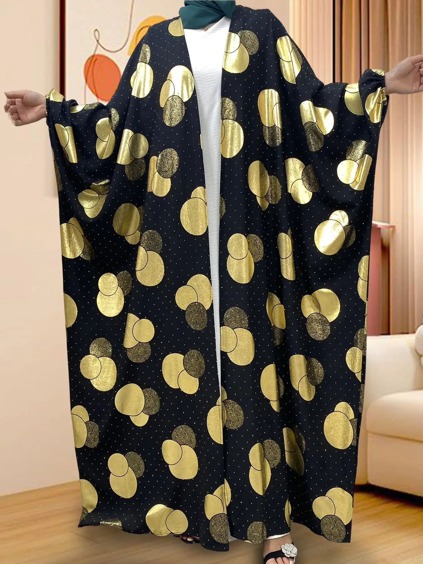 Women's Geometric Print Batwing Sleeve Open Front Abaya, Casual Comfy Long Sleeve Outerwear for Daily Wear, Ladies Sleepwear for All Seasons