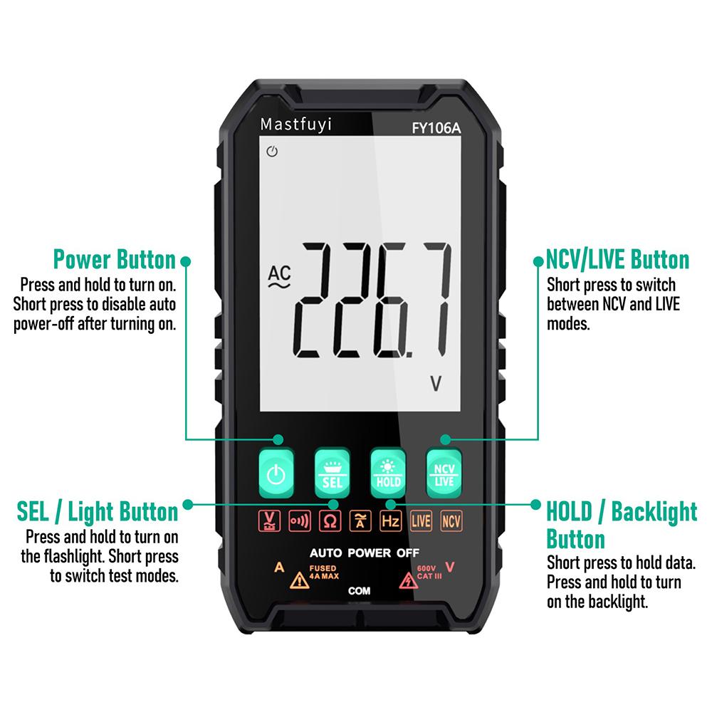 FY106 Smart Multimeter Mini Digital Multimeter 3999Counts Auto-Ranging CAT III 600V Professional Voltage Multimeter Multimeter Test Leads Multimeter Tester