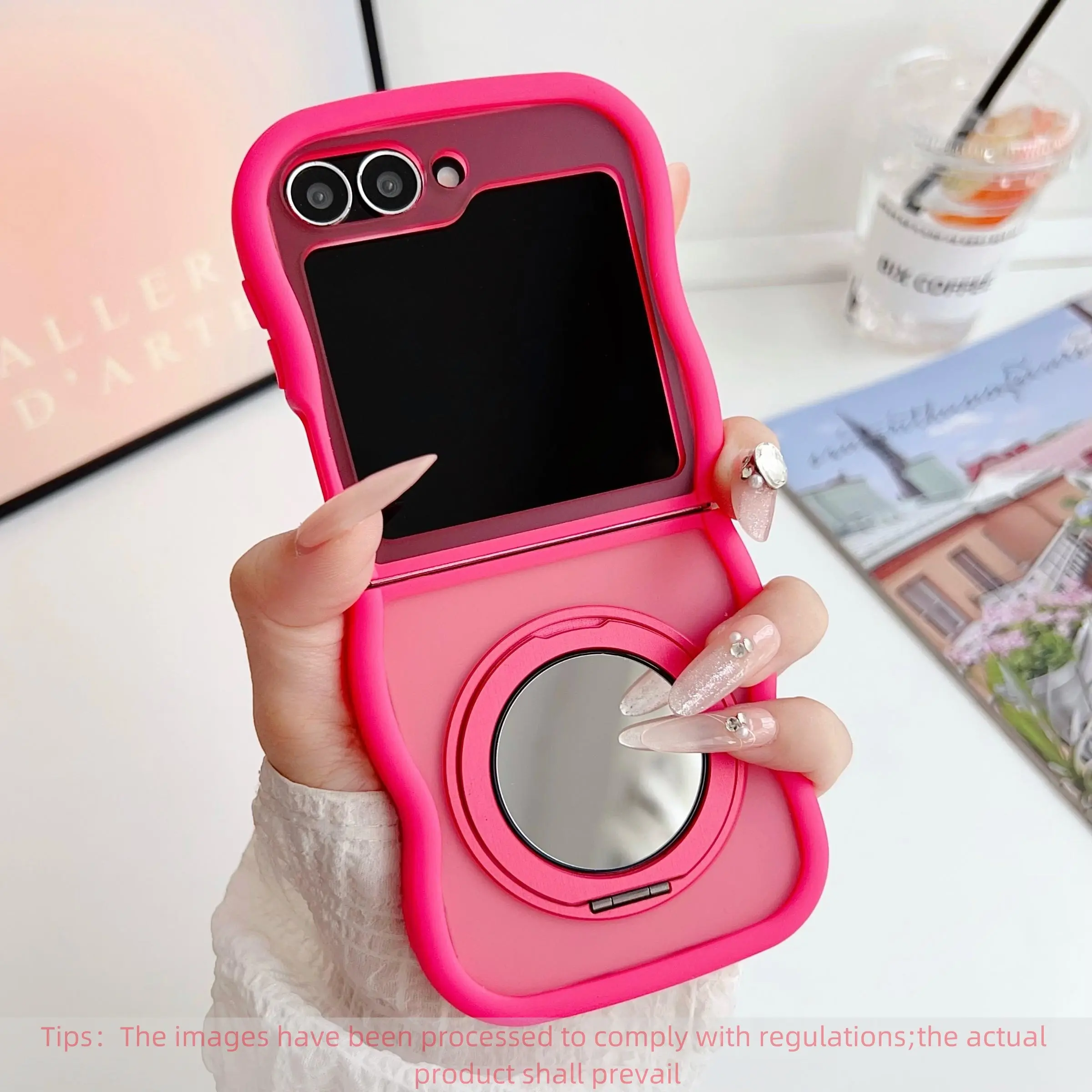 Creative Wave Edge 360° Rotating Stand Phone Case Cover for Samsung Galaxy Z Flip7/6/5/4/3, Wireless Charging Compatible, Makeup Mirror Included