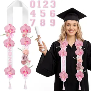 Graduation Leis Class of 2026 Artificial Flower Sash with 20 Sheets Number Iron on Patches DIY Grad Floral Lei Necklace for High School College Senior Grad Gifts Party Supplies(Pink)