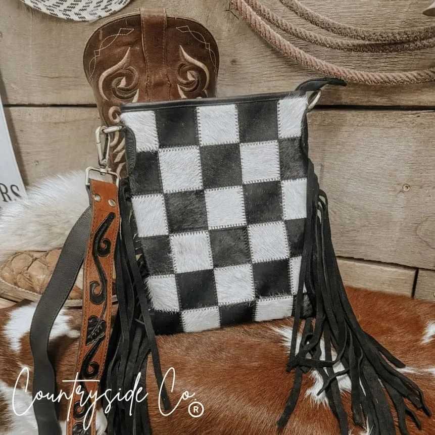Women's Western Checkered Cowhide Crossbody Leather Bag - Tooled Leather with Fringe, Adjustable Shoulder Strap, Secure Pockets, Interior Zippered Side Pocket, Suede for Casual Use, Black Checkered