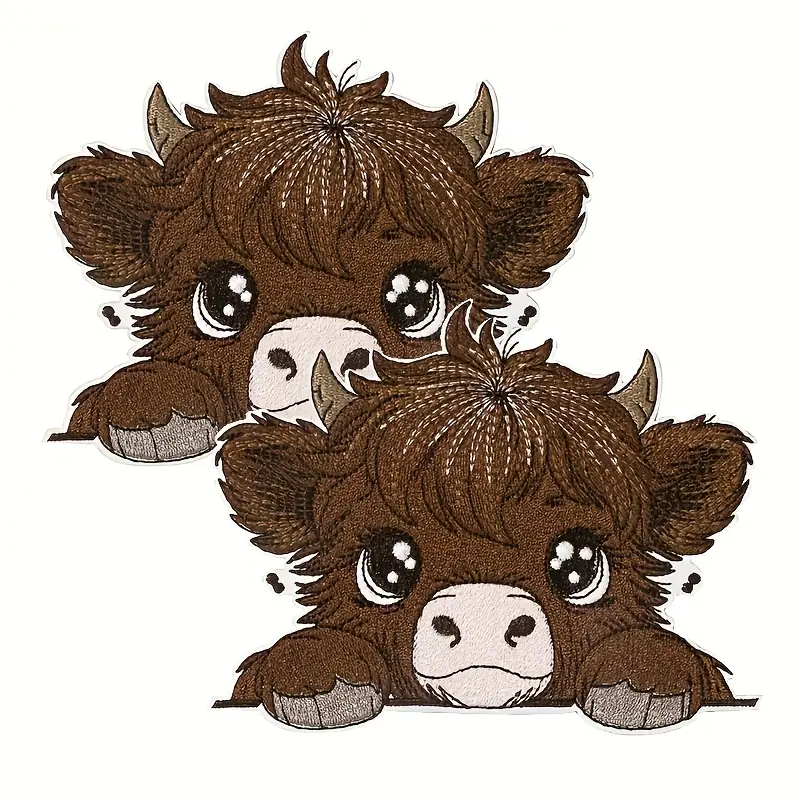 2pcs Highland Cow Iron-On Embroidered Patch Set, Cute Animal Design with Hot Melt Adhesive for Easy Iron-On Application, Suitable for Clothing, Bags, Iron-On Easy