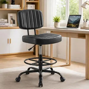 Armless Drafting Chair, Low Back PU Leather Swivel Rolling High Stool with Adjustable Footrest Ring for Standing Desk Studio Lab Counter Small Spaces Bathroom Entryway