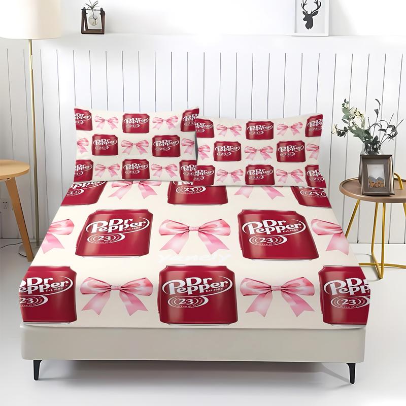 3Pcs Dr Pepper Inspired Fitted Sheet Set, Cute Red Soda Can and Pink Bow Pattern on Light Beige, Soft and Durable Fabric, Perfect for Trendy Bedroom Décor and Unique Gift Ideas!, Includes 1 Fitted Sheet and 2 Pillowcases with No Pillow Core