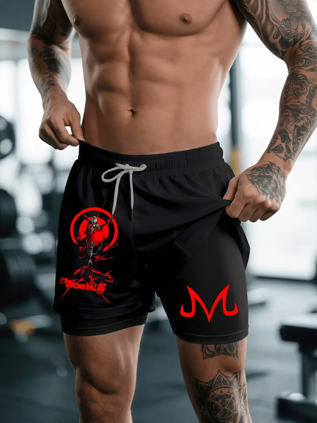 Dragon Ball Majin Buu Print 2-In-1 Drawstring Waist Shorts, Quick-Dry Swim Trunks, Casual Workout Activewear for Summer