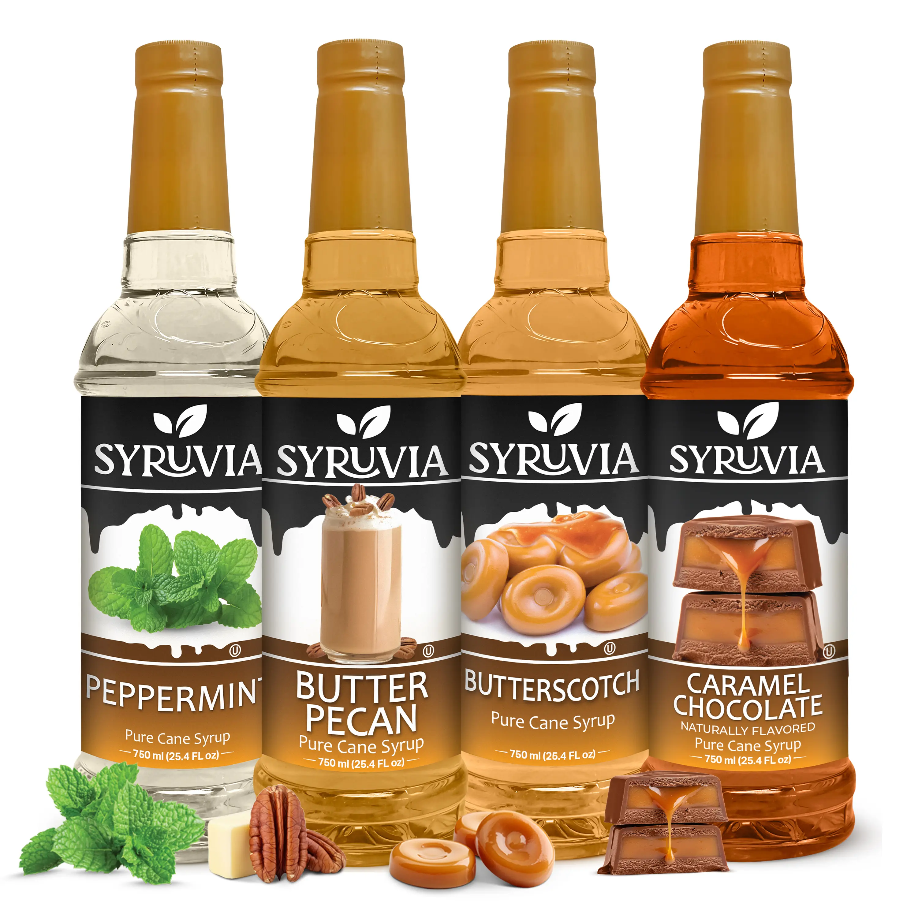Syruvia Sweet Beverage Flavored Syrup Pack - Peppermint, Butter Pecan, Butterscotch, Caramel Chocolate - 4-Pack, 25.4 Fl oz - Ideal for Coffee, Desserts
