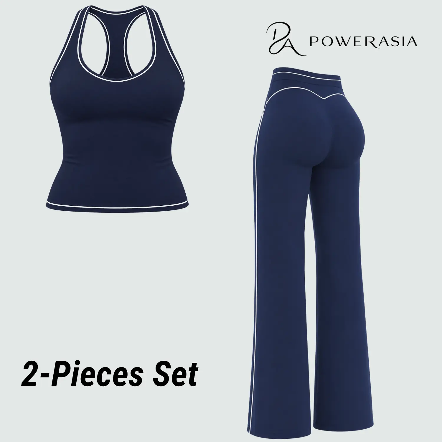 POWERASIA Women’s Contrast Trim 2-Piece Workout Set – Backless Strappy Sports Bra & High-Waist Sculpting Leggings, Stretchy Seamless Gym Activewear