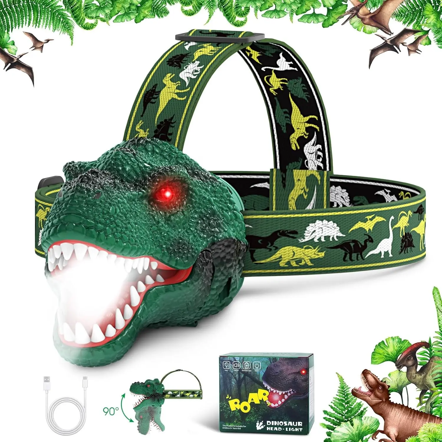 Dinosaur Headlamp for Kids Flashlight Rechargeable Led Dino Head Lamp Roar & Silent Mode, T-Rex Dinosaur Toys for Kids 3 4 5 6 7 8, Camping Gear, Children's Day Gifts for Boys Girls Adults, Cordless Rechargeable Light, Rechargeable Lighting