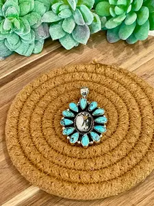 Handmade Sterling Silver,Turquoise &  White Buffalo Mojave Cluster Pendant