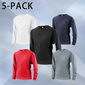 5-Pack Men's Long Sleeve Athletic Shirts - Quick-Dry Moisture-Wicking Gym Shirts, Breathable Workout Tops for Running, Weightlifting, Yoga - Stretch Fabric Crew Neck Training Tees Active Sportswear Activewear Clothing