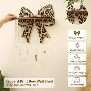 Tiger Print Bow Wall Mount Rack, Wooden Crystal Display Stand, Bedroom Living Room Vanity Jewelry Holder, Hanging Storage Rack