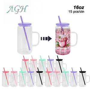 AGH 15pcs 16 oz/20 oz Snow Globe Glass Handle Tumblers Double Wall Glass Cups with Plastic/Bamboo Lids for DIY glitter Gifts