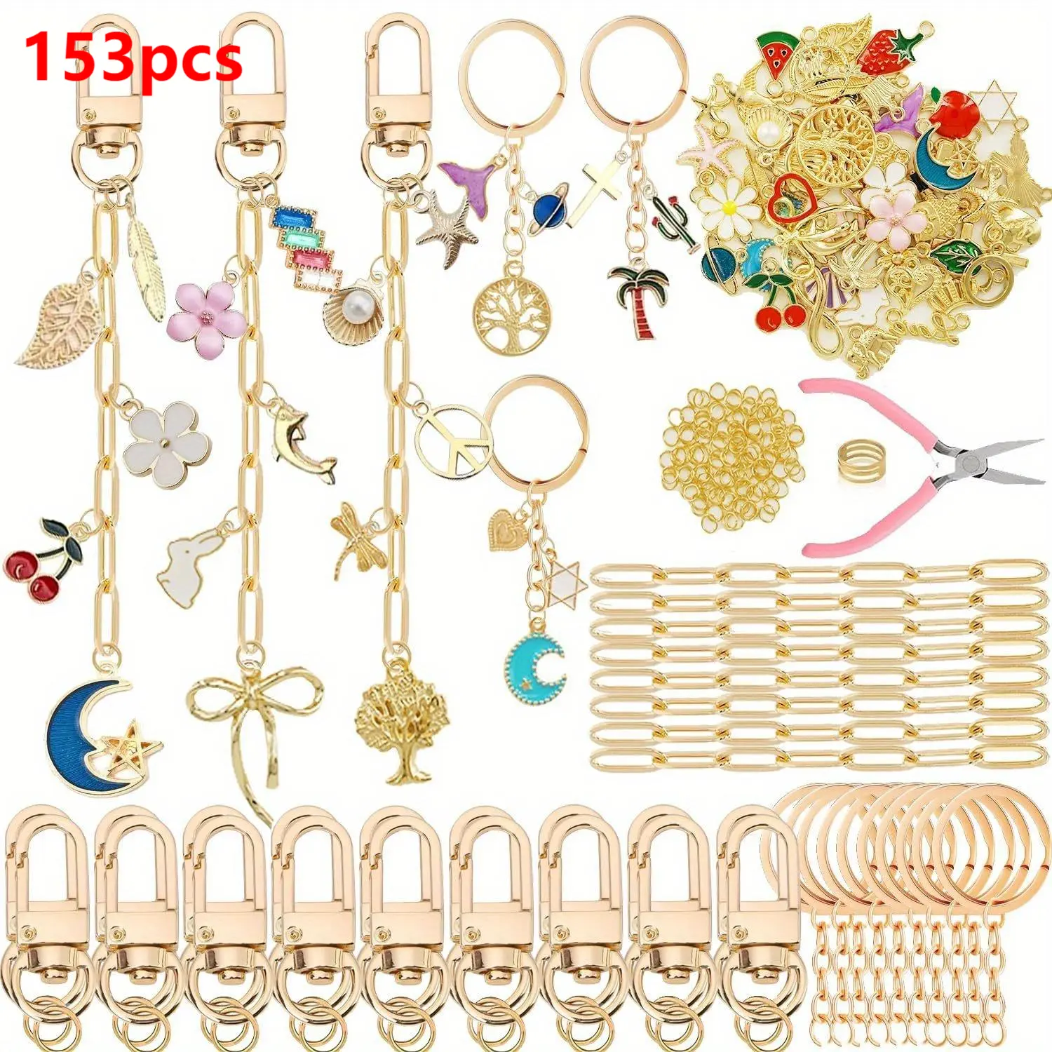 153pcs Golden DIY Kawaii Keychain & Bag Charm Kit - 30 Charms, 10 Clips, Key Rings, Swivel Snaps, Lobster Claw Clasps, Jump Rings, Jewelry Plier for Female Craft DIY Projects, Keychain Kawaii, Bag Charm Kits