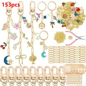 153pcs Golden DIY Keychain Making Kit Cute Bag Charm Kit 30 Charms 10 Keychain Clips with Key Ring Swivel Snap Hook Lobster Claw Clasps Jump Ring Jewelry Plier DIY Set Women Craft