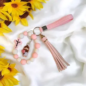 Jesus Keychain Bracelet in Pink with Tassel and Surprise Stickers - So Grateful for You Design - Versatile Key Ring and Bracelet