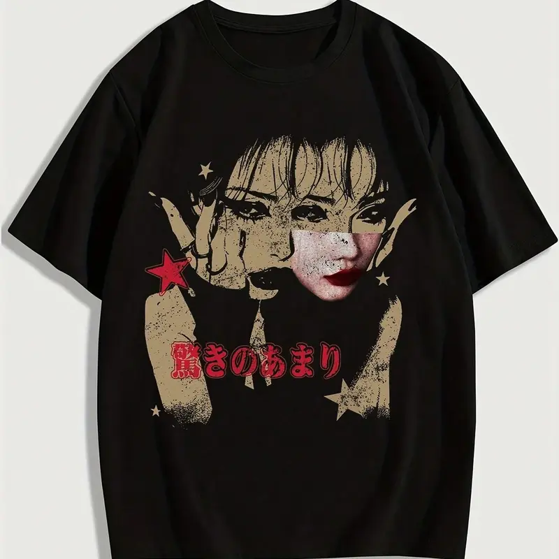 Unisex 100% Cotton Black Oversized T-Shirt with Japanese Retro Grunge Girl Print Alt Streetwear Casual Street Fashion Top