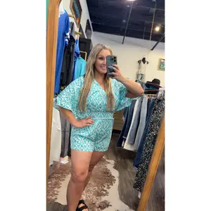 Kimono Sleeve V-Neck Romper w/Smocked Waist (Aqua)