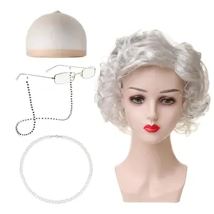 Old Lady Wig and Accessories, Granny Wigs for Women,  Appearance, Breathable and Comfortable, Suitable for Role Playing, Halloween Parties, Stage Performances (5Pcs Set, )