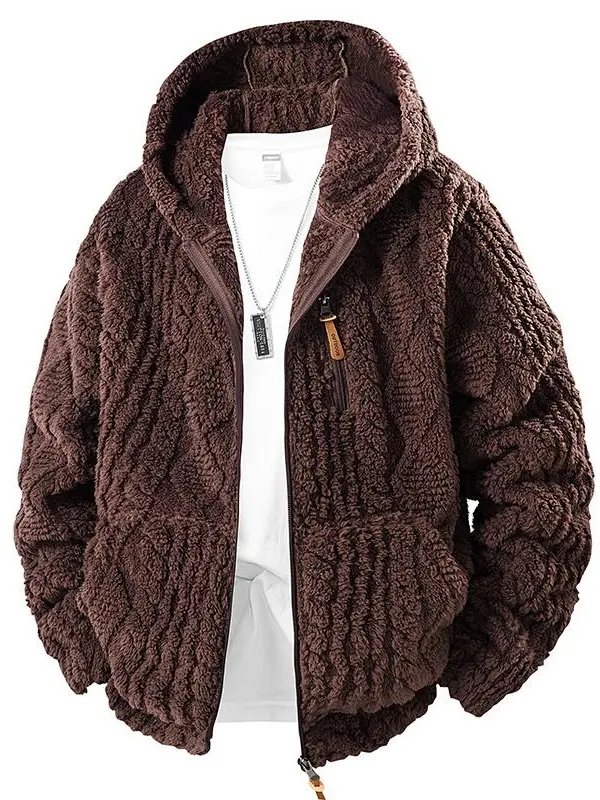 Men's Warm Jacquard-Textured Fleece Full-Zip Hoodie Jacket - Plush Hooded Outer Coat with Decorative Zipper Pull, Kangaroo Pocket, Relaxed Cut for Outdoor Activities, Daily Casual Use
