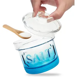 Glass Salt Cellar with Lid Salt Container with Spoon for Countertop Embossed Pattern Salt Box for Storing Sea Salt Flaky Salt Spice 12oz Capacity Holder Gradient Blue