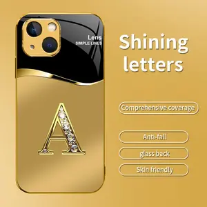 Suitable for [iPhone 13] New high-end gold letter glass mobile phone case New business simple metal paint electroplating gold glass mobile phone case Affordable price Anti-drop and anti-fingerprint-888