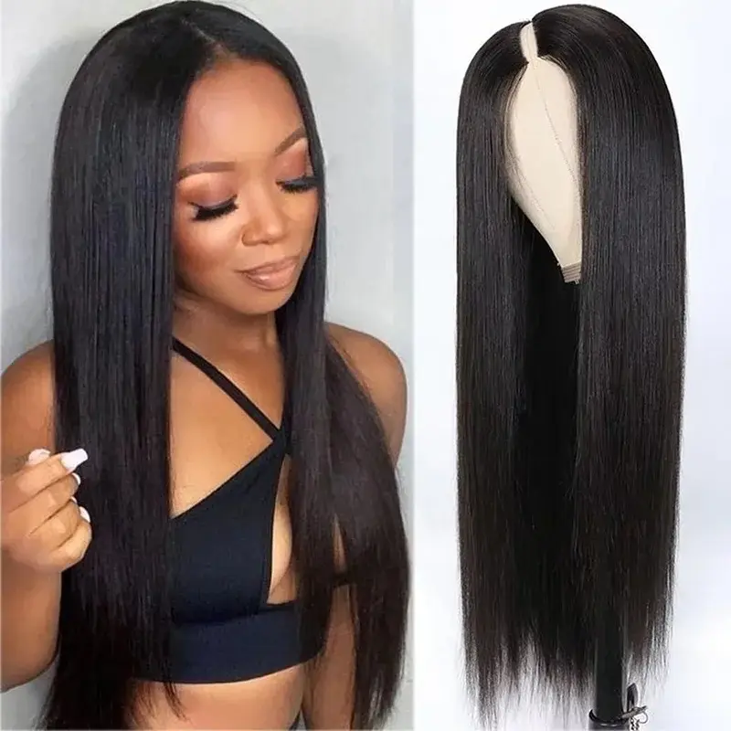 MYLOCKME 30 32Inch V Part Straight Wigs With Drawstring No Leave Out Brazilian Human Hair Wigs For Women Virgin Hair Glueless Wig 180Density On Sale