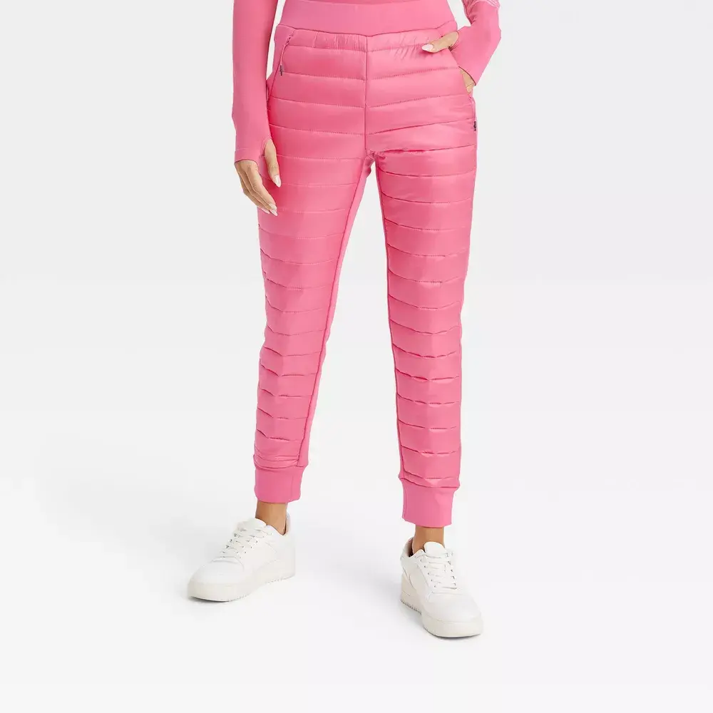 JoyLab Women's Pink Quilted Polyester Puffer Pants - Athletic Fit, High Rise, Elastic Waistband, Banded Cuffs, Lightweight Nylon Garment Clothes, Xl