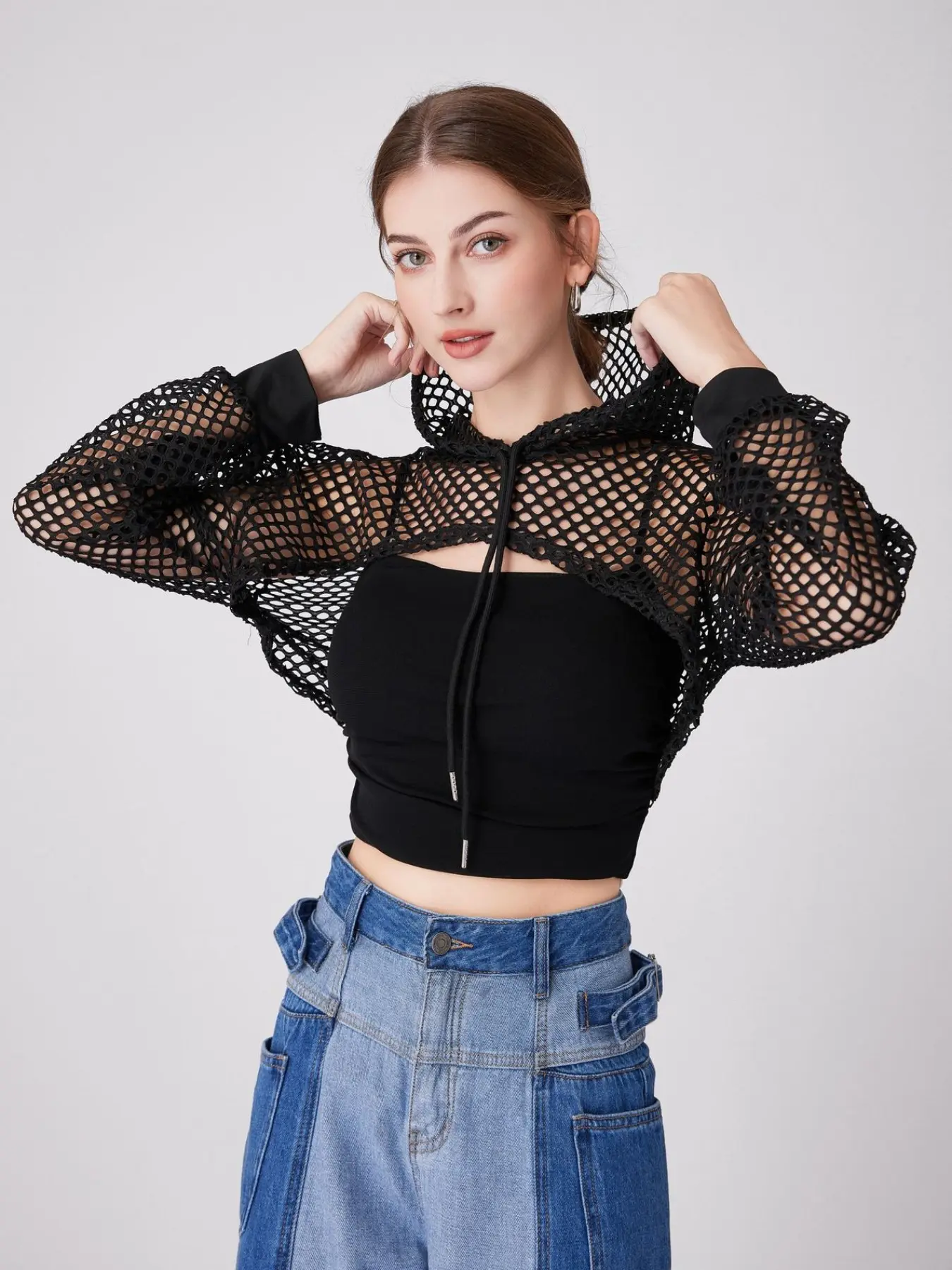 European and American Streetwear Hip-Hop Style Fishnet Design Hooded Long Sleeve Jacket, Sexy Outerwear, Ultra-Short Vest for Women