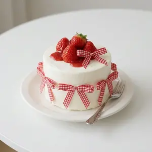 12 Pcs Strawberry Cake Decorations and Bow Cake Toppers Fake Strawberry Cupcake Topper Red Gingham Ribbon Bows for Birthday Baby Shower Bridal Wedding Picnic Party Table Centerpieces