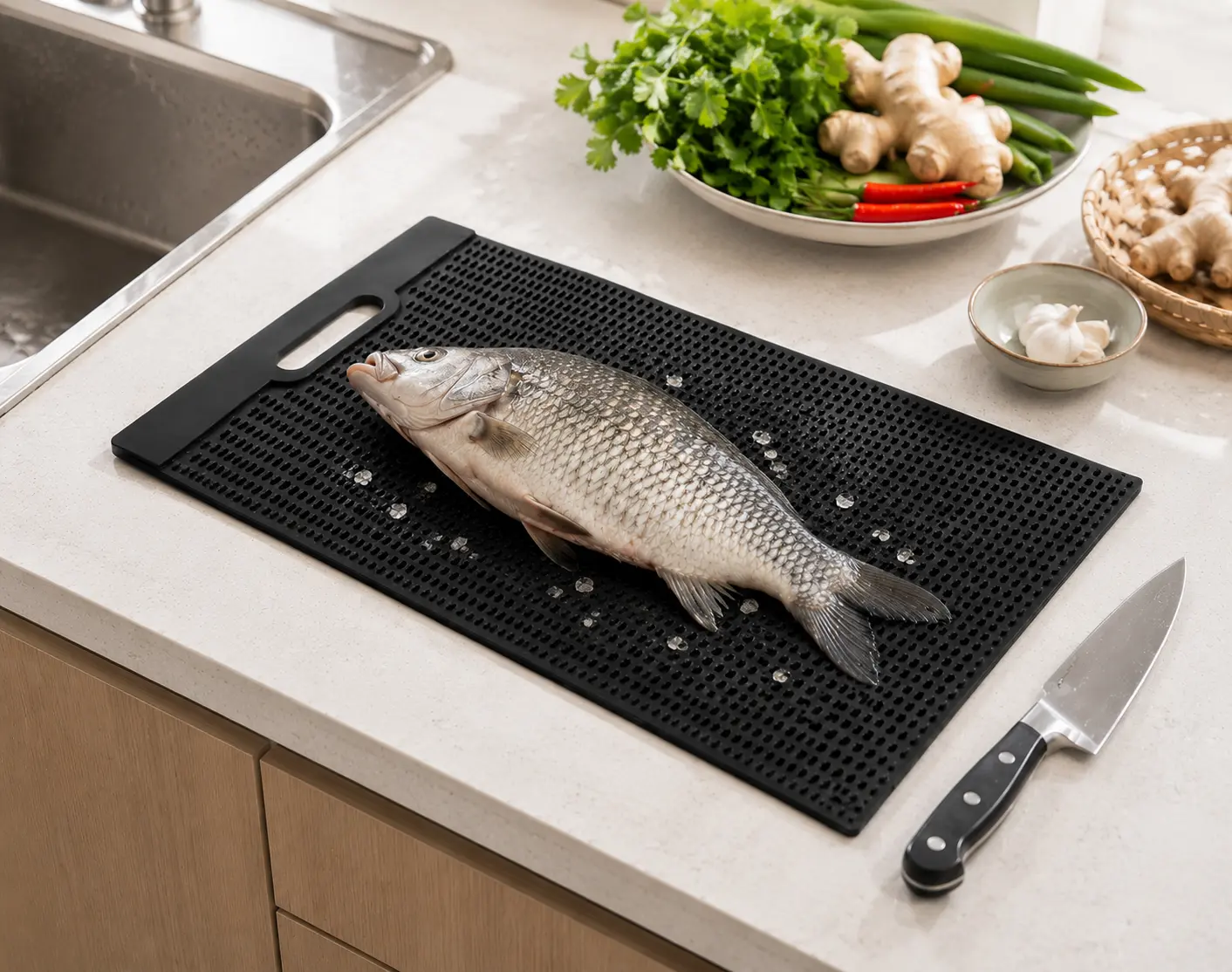 24" x 14" Fish Fillet Mat, Non Slip PVC Fish Cleaning Board with Measuring Scale for Kitchen Countertop, Boat, Dock, Camping and Outdoor Food Preparation