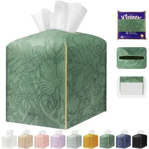 Tissue Box Holder Cover Square Tissue Cube Cover PU Leather Tissue Organizer with Bottom Belt for Bathroom, Tabletop, Kitchen, Night Stands, Office, Home, Car (1, VibrantGreen)