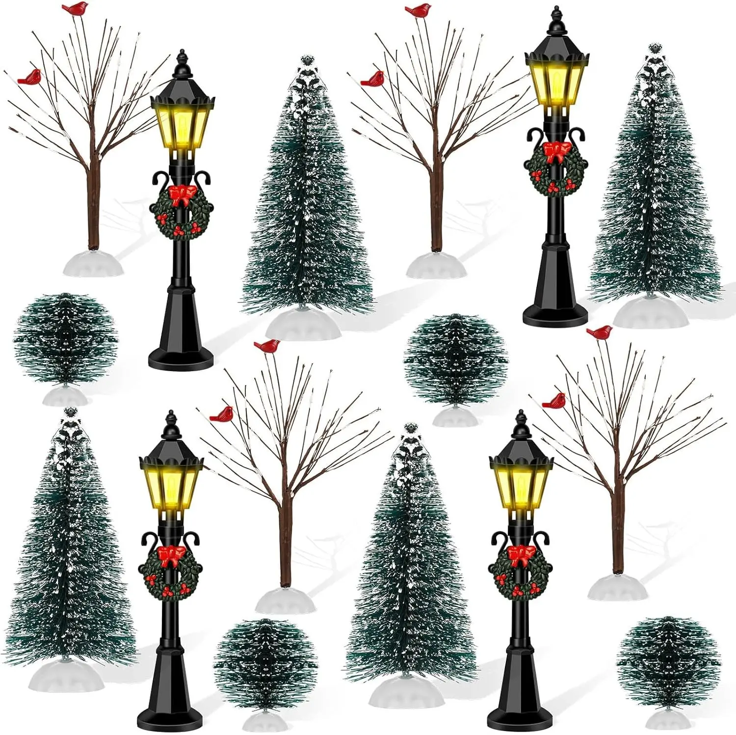 16 PCS Christmas Figurine Village Accessories, Mini Street Light Models | with Brush Trees, Miniature Christmas Pathway Street Lamps Lantern Post for DIY Micro Landscape Fairy Garden