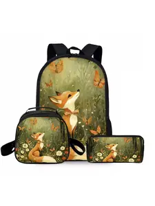 Cute fox and butterfly print backpack three piece set lunch bag pencil case backpack