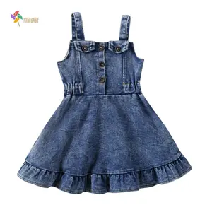 Toddler Girl Baby Denim Ruffle Dress Sleeveless Strap Pleated A-line Layered Cake Flowy Jean Dress