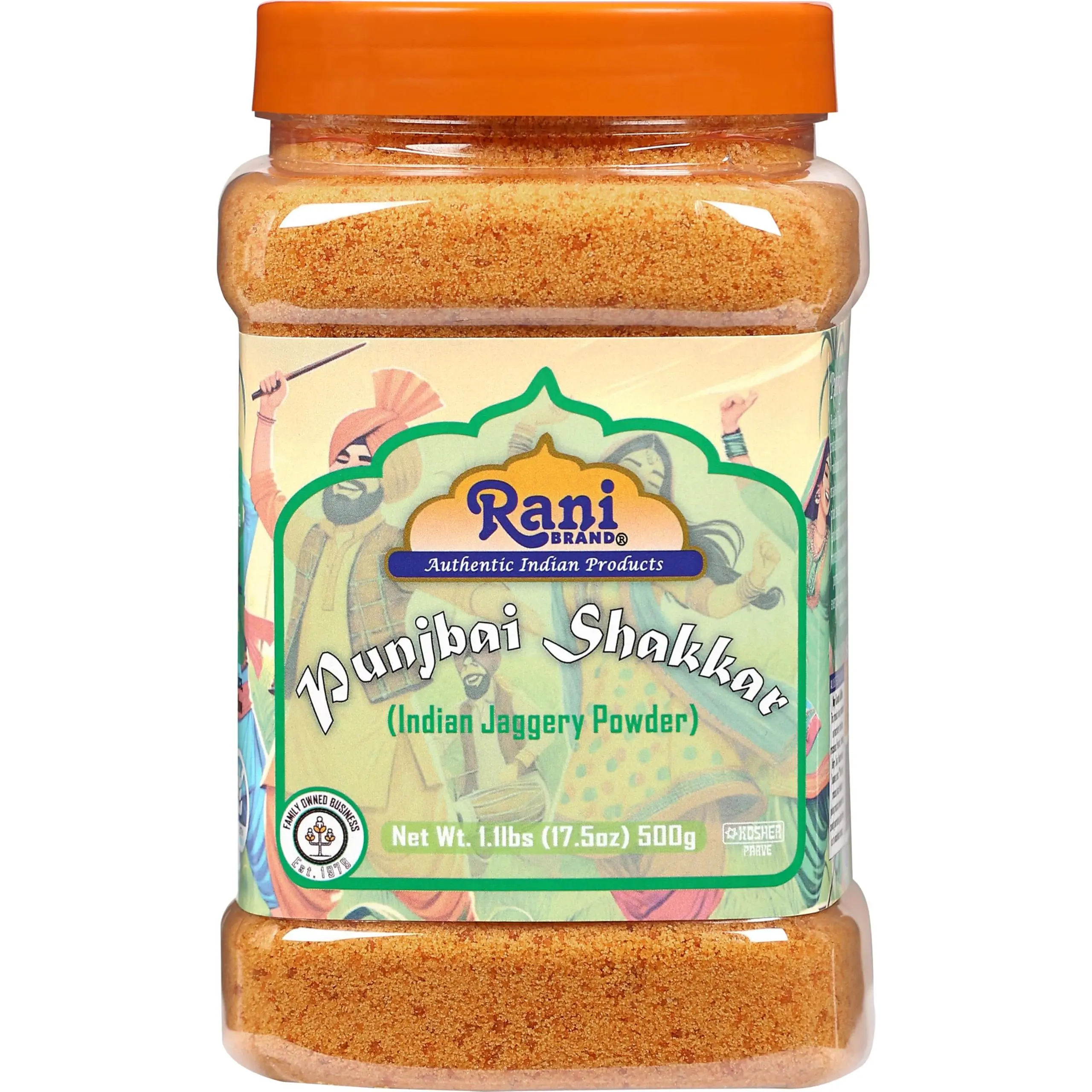 Rani Punjabi Shakkar (Gur Jaggery Powder) Indian Unrefined Raw Cane Sugar 17.5oz (1.1lbs) 500g PET Jar ~ Gluten Friendly | Vegan |  Kosher | NON-GMO | No Salt or fillers | Indian Product
