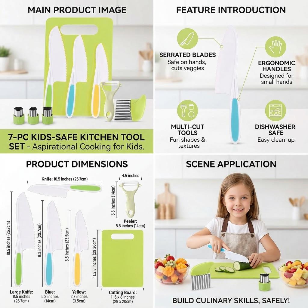 9 Pcs Montessori Kitchen Tools for Kids, Toddler Knife Set with Cutting Board, Peeler, Crinkle Cutter & Cookie Cutters, Safe Plastic Knives for Real Cooking & Baking 9 Pcs Montessori Kitchen Tools for Kids, Toddler Knife Set with Cutting Board, Peeler, Crinkle Cutter & Cookie Cutters, Safe Plastic Knives for Real Cooking & Baking