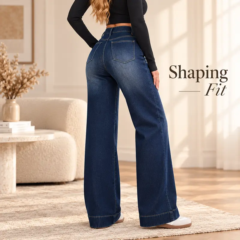 Women’s High-Waist Wide-Leg Fleece-Lined Denim Pants - Everyday Streetwear, Warm Thermal Casual Full-Length Loose Bottoms with Pockets for Fall Winter Cold Weather Outfits