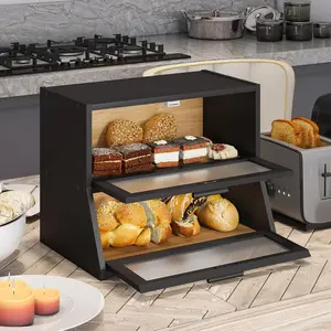 Large Bread Box Double Layer  Bread Box for Kitchen Counter Container Farmhouse Bread Box Bread Holder Capacity Bread Storage Bin(Black)