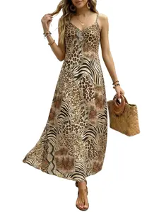 Women's Boho Animal Print Long Dress, V Neck Sleeveless Summer Dress, Leopard Zebra Snake Pattern, Beach Vacation Wear, a Line Slim Fit