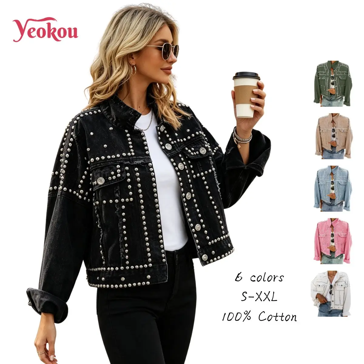 Yeokou Women's 2026 Fall Must-Have Casual Stylish Cropped Cotton Denim Jacket - Loose Fit, Button-Front Long-Sleeve Outerwear with Pearl & Rivet Studs, Women's Tops, Coats, Longsleeves