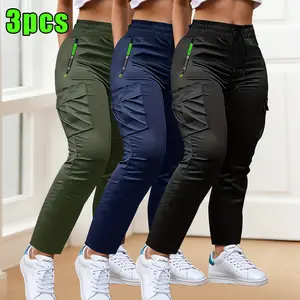 3-Pack women's multi-pocket thin overalls, four-season drawstring fashion pull-pocket design straight casual trousers, suitable for outdoor sports and daily appointments
