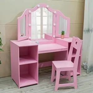 2-in-1 Princess Kids Vanity Table and Chair Set – Wooden Makeup Desk with Detachable Tri-Folding Mirror, Open Storage Shelves, Stool, Ideal for Little Girls – American Pink