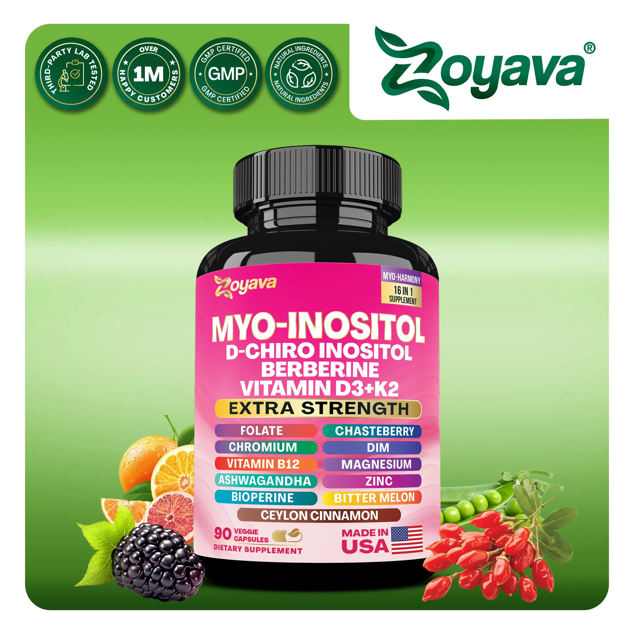 Zoyava Hormones & Cycle Support - Women's All-in-One Myo-Inositol Supplement - with Magnesium, Berberine & more - 90 Vegan Capsules - MADE IN USA